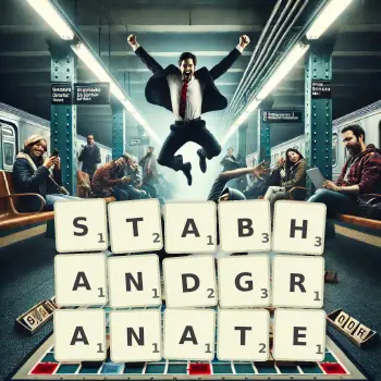 Kreative Illustration für ein Scrabble-Spiel, bei dem das Wort STABHANDGRANATE mit Steinen auf dem Brett gelegt wurde.