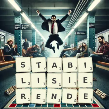 Kreative Illustration für ein Scrabble-Spiel, bei dem das Wort STABILISIERENDE mit Steinen auf dem Brett gelegt wurde.