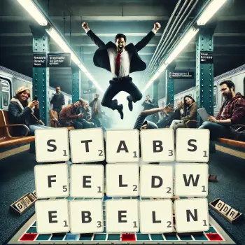 Kreative Illustration für ein Scrabble-Spiel, bei dem das Wort STABSFELDWEBELN mit Steinen auf dem Brett gelegt wurde.
