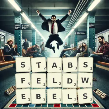 Kreative Illustration für ein Scrabble-Spiel, bei dem das Wort STABSFELDWEBELS mit Steinen auf dem Brett gelegt wurde.