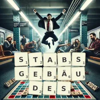 Kreative Illustration für ein Scrabble-Spiel, bei dem das Wort STABSGEBÄUDES mit Steinen auf dem Brett gelegt wurde.