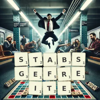 Kreative Illustration für ein Scrabble-Spiel, bei dem das Wort STABSGEFREITE mit Steinen auf dem Brett gelegt wurde.