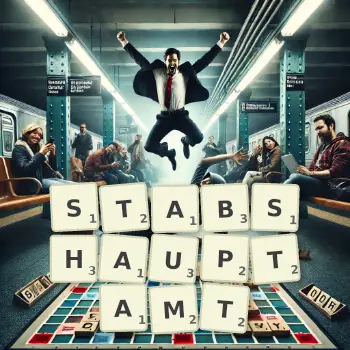 Kreative Illustration für ein Scrabble-Spiel, bei dem das Wort STABSHAUPTAMT mit Steinen auf dem Brett gelegt wurde.