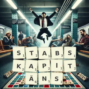 Kreative Illustration für ein Scrabble-Spiel, bei dem das Wort STABSKAPITÄNS mit Steinen auf dem Brett gelegt wurde.