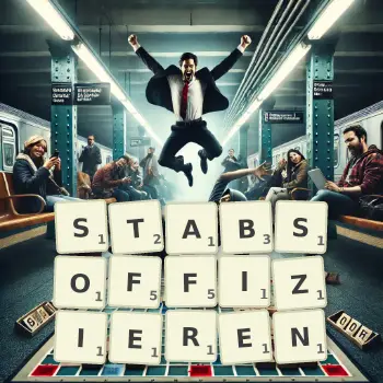 Kreative Illustration für ein Scrabble-Spiel, bei dem das Wort STABSOFFIZIEREN mit Steinen auf dem Brett gelegt wurde.