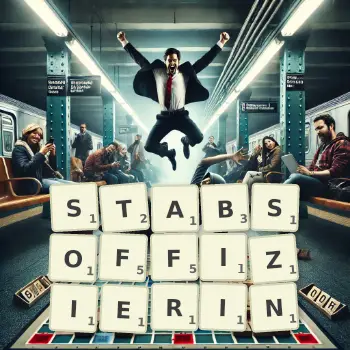 Kreative Illustration für ein Scrabble-Spiel, bei dem das Wort STABSOFFIZIERIN mit Steinen auf dem Brett gelegt wurde.