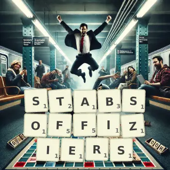 Kreative Illustration für ein Scrabble-Spiel, bei dem das Wort STABSOFFIZIERS mit Steinen auf dem Brett gelegt wurde.