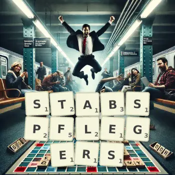Kreative Illustration für ein Scrabble-Spiel, bei dem das Wort STABSPFLEGERS mit Steinen auf dem Brett gelegt wurde.