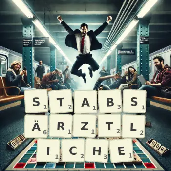 Kreative Illustration für ein Scrabble-Spiel, bei dem das Wort STABSÄRZTLICHE mit Steinen auf dem Brett gelegt wurde.