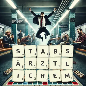 Kreative Illustration für ein Scrabble-Spiel, bei dem das Wort STABSÄRZTLICHEM mit Steinen auf dem Brett gelegt wurde.