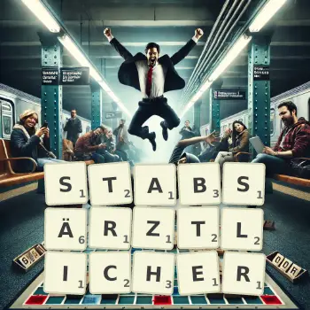 Kreative Illustration für ein Scrabble-Spiel, bei dem das Wort STABSÄRZTLICHER mit Steinen auf dem Brett gelegt wurde.
