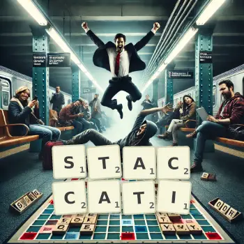 Kreative Illustration für ein Scrabble-Spiel, bei dem das Wort STACCATI mit Steinen auf dem Brett gelegt wurde.
