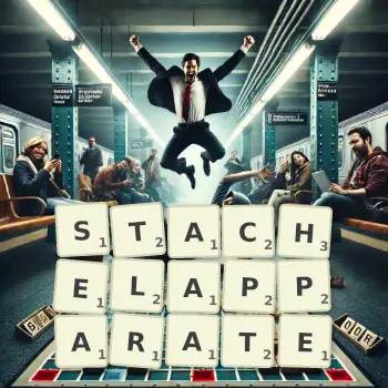 Kreative Illustration für ein Scrabble-Spiel, bei dem das Wort STACHELAPPARATE mit Steinen auf dem Brett gelegt wurde.