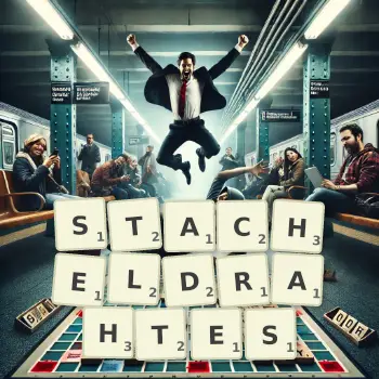 Kreative Illustration für ein Scrabble-Spiel, bei dem das Wort STACHELDRAHTES mit Steinen auf dem Brett gelegt wurde.