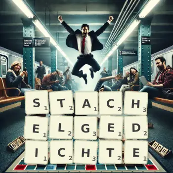Kreative Illustration für ein Scrabble-Spiel, bei dem das Wort STACHELGEDICHTE mit Steinen auf dem Brett gelegt wurde.