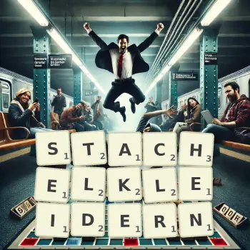 Kreative Illustration für ein Scrabble-Spiel, bei dem das Wort STACHELKLEIDERN mit Steinen auf dem Brett gelegt wurde.