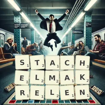 Kreative Illustration für ein Scrabble-Spiel, bei dem das Wort STACHELMAKRELEN mit Steinen auf dem Brett gelegt wurde.
