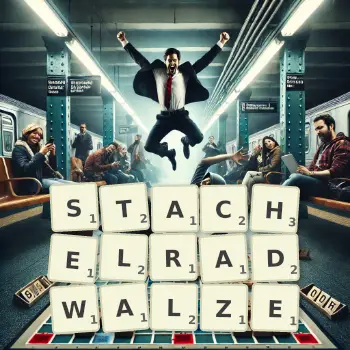 Kreative Illustration für ein Scrabble-Spiel, bei dem das Wort STACHELRADWALZE mit Steinen auf dem Brett gelegt wurde.
