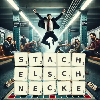 Kreative Illustration für ein Scrabble-Spiel, bei dem das Wort STACHELSCHNECKE mit Steinen auf dem Brett gelegt wurde.