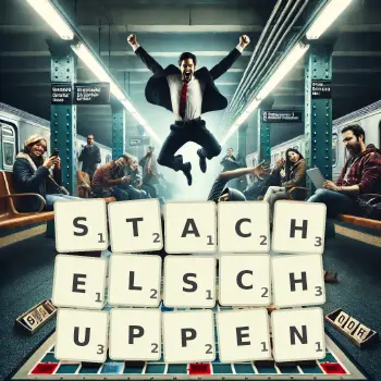 Kreative Illustration für ein Scrabble-Spiel, bei dem das Wort STACHELSCHUPPEN mit Steinen auf dem Brett gelegt wurde.