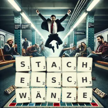 Kreative Illustration für ein Scrabble-Spiel, bei dem das Wort STACHELSCHWÄNZE mit Steinen auf dem Brett gelegt wurde.