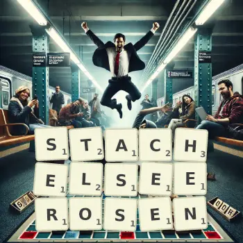 Kreative Illustration für ein Scrabble-Spiel, bei dem das Wort STACHELSEEROSEN mit Steinen auf dem Brett gelegt wurde.