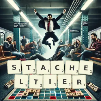 Kreative Illustration für ein Scrabble-Spiel, bei dem das Wort STACHELTIER mit Steinen auf dem Brett gelegt wurde.