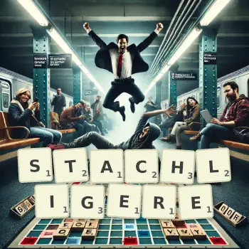 Kreative Illustration für ein Scrabble-Spiel, bei dem das Wort STACHLIGERE mit Steinen auf dem Brett gelegt wurde.