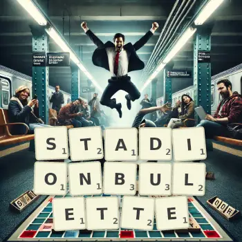 Kreative Illustration für ein Scrabble-Spiel, bei dem das Wort STADIONBULETTE mit Steinen auf dem Brett gelegt wurde.