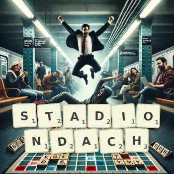 Kreative Illustration für ein Scrabble-Spiel, bei dem das Wort STADIONDACH mit Steinen auf dem Brett gelegt wurde.