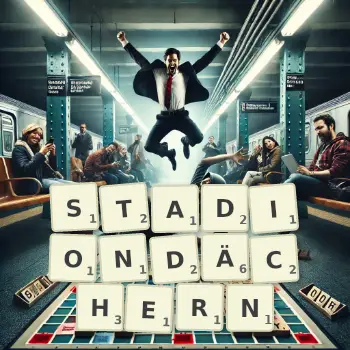 Kreative Illustration für ein Scrabble-Spiel, bei dem das Wort STADIONDÄCHERN mit Steinen auf dem Brett gelegt wurde.