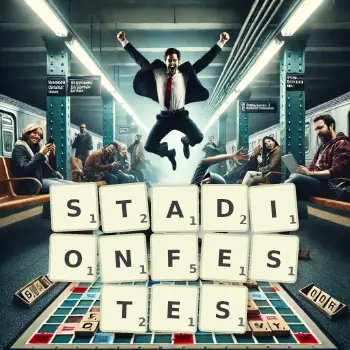 Kreative Illustration für ein Scrabble-Spiel, bei dem das Wort STADIONFESTES mit Steinen auf dem Brett gelegt wurde.