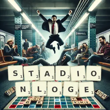 Kreative Illustration für ein Scrabble-Spiel, bei dem das Wort STADIONLOGE mit Steinen auf dem Brett gelegt wurde.