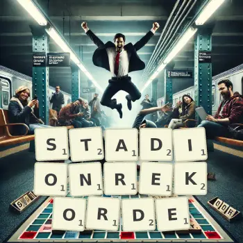 Kreative Illustration für ein Scrabble-Spiel, bei dem das Wort STADIONREKORDE mit Steinen auf dem Brett gelegt wurde.