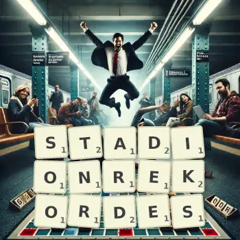 Kreative Illustration für ein Scrabble-Spiel, bei dem das Wort STADIONREKORDES mit Steinen auf dem Brett gelegt wurde.