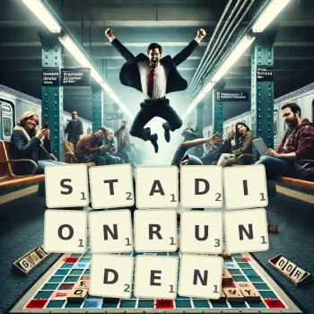 Kreative Illustration für ein Scrabble-Spiel, bei dem das Wort STADIONRUNDEN mit Steinen auf dem Brett gelegt wurde.