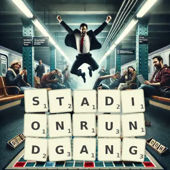 Kreative Illustration für ein Scrabble-Spiel, bei dem das Wort STADIONRUNDGANG mit Steinen auf dem Brett gelegt wurde.