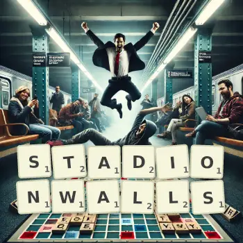 Kreative Illustration für ein Scrabble-Spiel, bei dem das Wort STADIONWALLS mit Steinen auf dem Brett gelegt wurde.