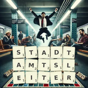 Kreative Illustration für ein Scrabble-Spiel, bei dem das Wort STADTAMTSLEITER mit Steinen auf dem Brett gelegt wurde.