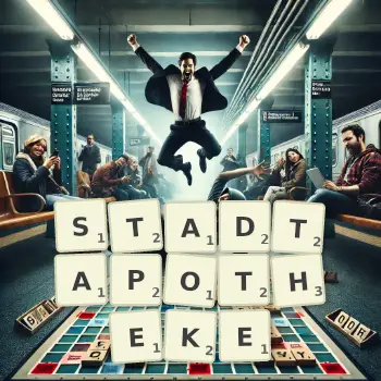 Kreative Illustration für ein Scrabble-Spiel, bei dem das Wort STADTAPOTHEKE mit Steinen auf dem Brett gelegt wurde.