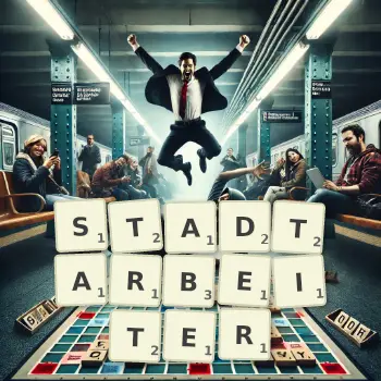 Kreative Illustration für ein Scrabble-Spiel, bei dem das Wort STADTARBEITER mit Steinen auf dem Brett gelegt wurde.