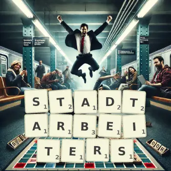 Kreative Illustration für ein Scrabble-Spiel, bei dem das Wort STADTARBEITERS mit Steinen auf dem Brett gelegt wurde.
