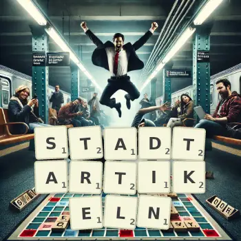 Kreative Illustration für ein Scrabble-Spiel, bei dem das Wort STADTARTIKELN mit Steinen auf dem Brett gelegt wurde.