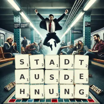 Kreative Illustration für ein Scrabble-Spiel, bei dem das Wort STADTAUSDEHNUNG mit Steinen auf dem Brett gelegt wurde.