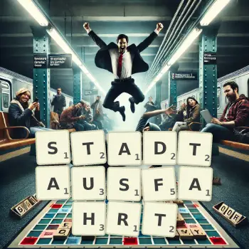 Kreative Illustration für ein Scrabble-Spiel, bei dem das Wort STADTAUSFAHRT mit Steinen auf dem Brett gelegt wurde.
