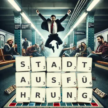 Kreative Illustration für ein Scrabble-Spiel, bei dem das Wort STADTAUSFÜHRUNG mit Steinen auf dem Brett gelegt wurde.
