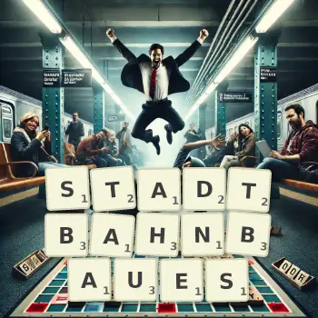 Kreative Illustration für ein Scrabble-Spiel, bei dem das Wort STADTBAHNBAUES mit Steinen auf dem Brett gelegt wurde.