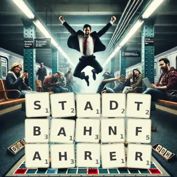 Kreative Illustration für ein Scrabble-Spiel, bei dem das Wort STADTBAHNFAHRER mit Steinen auf dem Brett gelegt wurde.