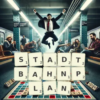 Kreative Illustration für ein Scrabble-Spiel, bei dem das Wort STADTBAHNPLAN mit Steinen auf dem Brett gelegt wurde.