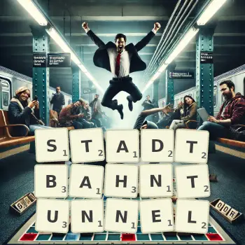 Kreative Illustration für ein Scrabble-Spiel, bei dem das Wort STADTBAHNTUNNEL mit Steinen auf dem Brett gelegt wurde.